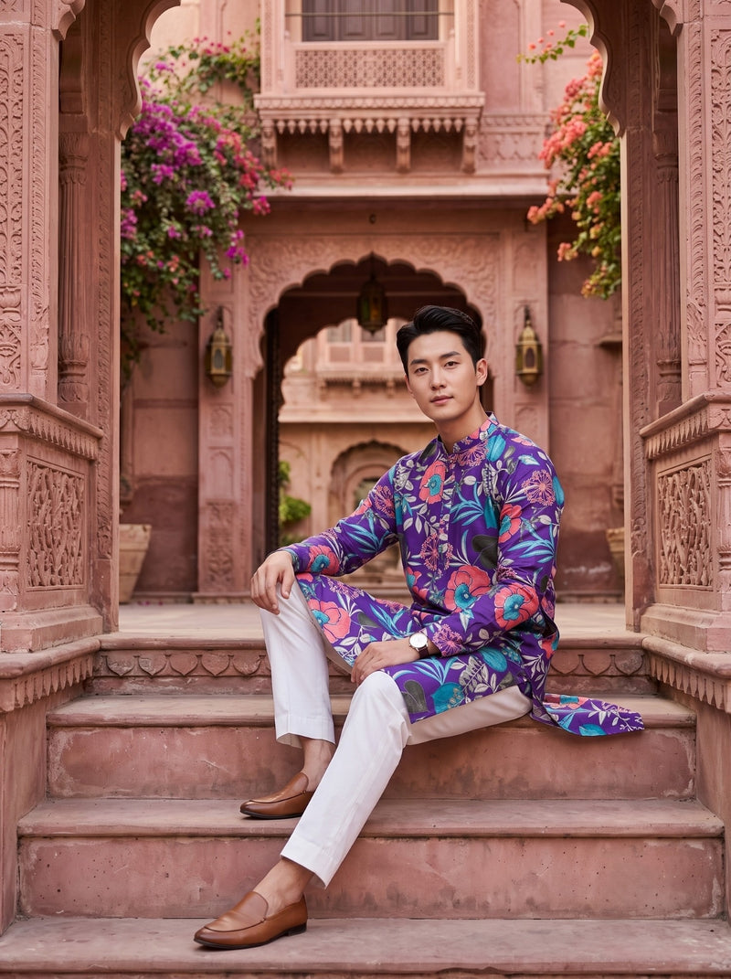 Men's Purple Tropical Floral Printed Viscose Rayon Kurta 10