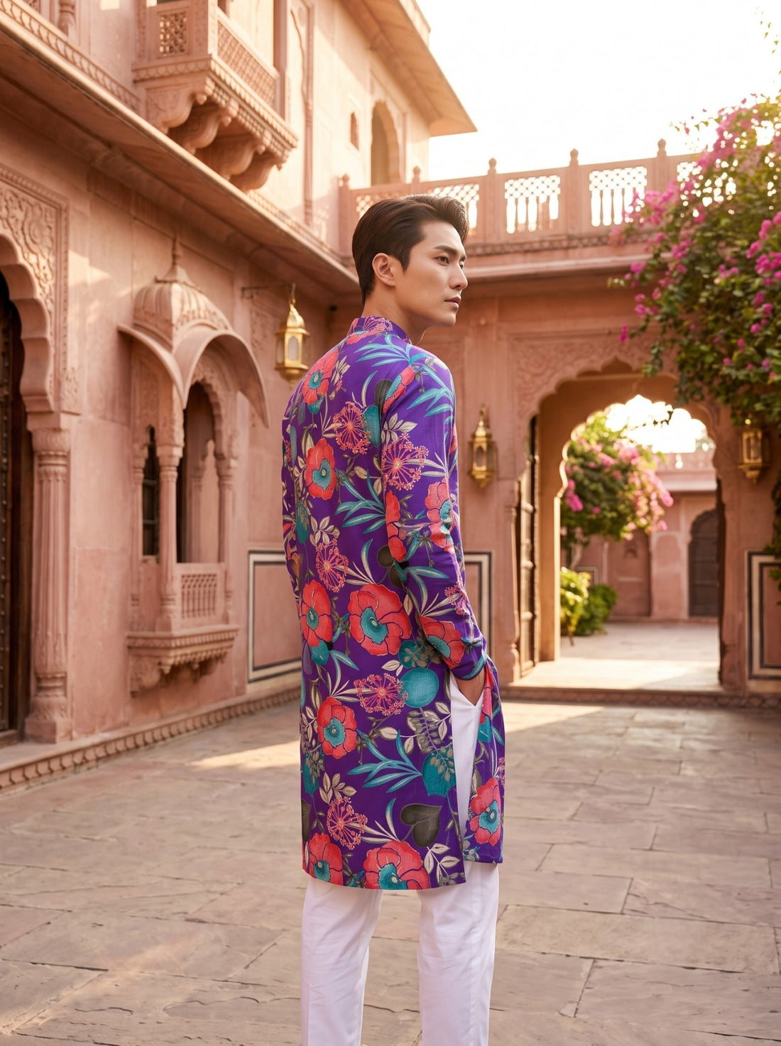 Side and back view of TryBuy TB_21149 purple floral kurta showing the shoulder, sleeve and side slit