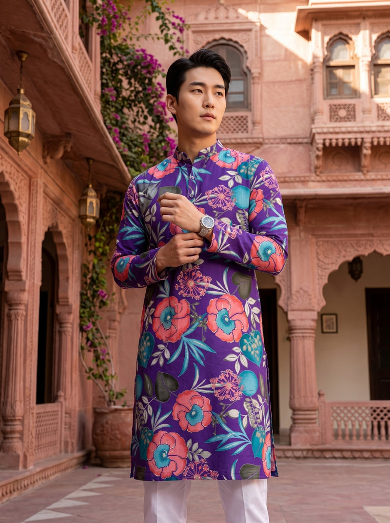 Men's Purple Tropical Floral Printed Viscose Rayon Kurta 12