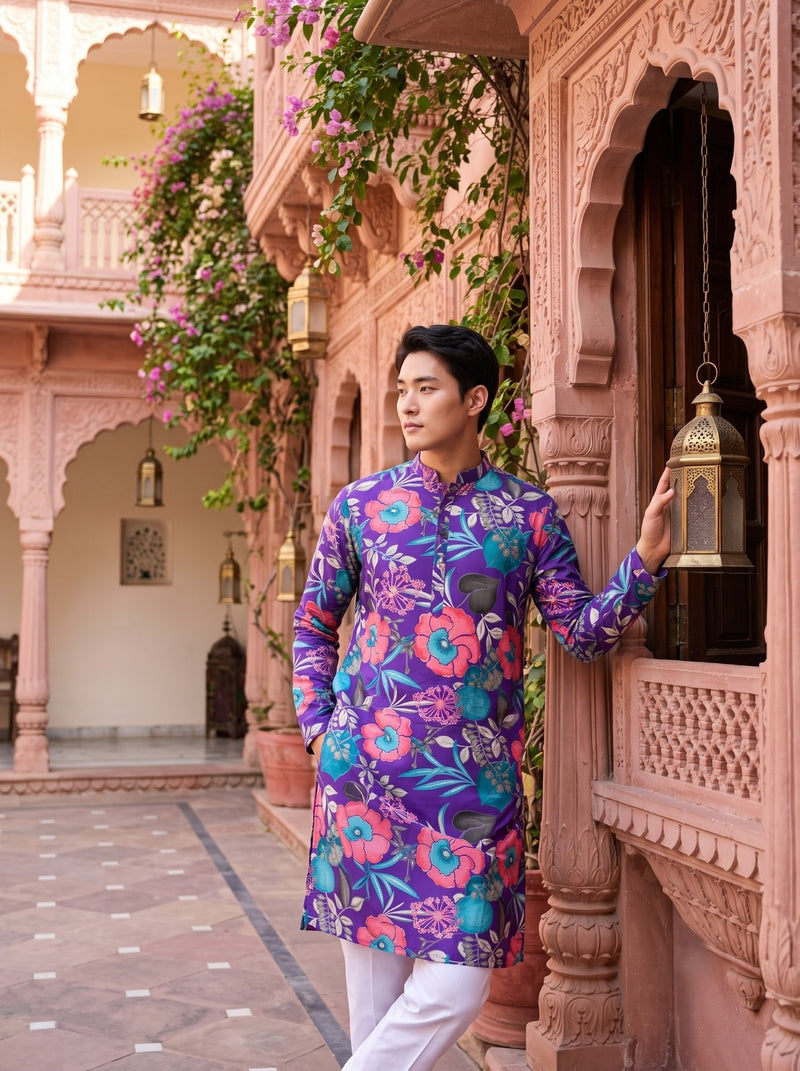 Men's Purple Tropical Floral Printed Viscose Rayon Kurta 9