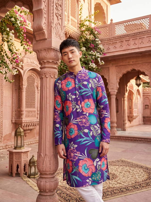 Three-quarter front view of TryBuy TB_21149 purple floral kurta showing its straight knee-length silhouette