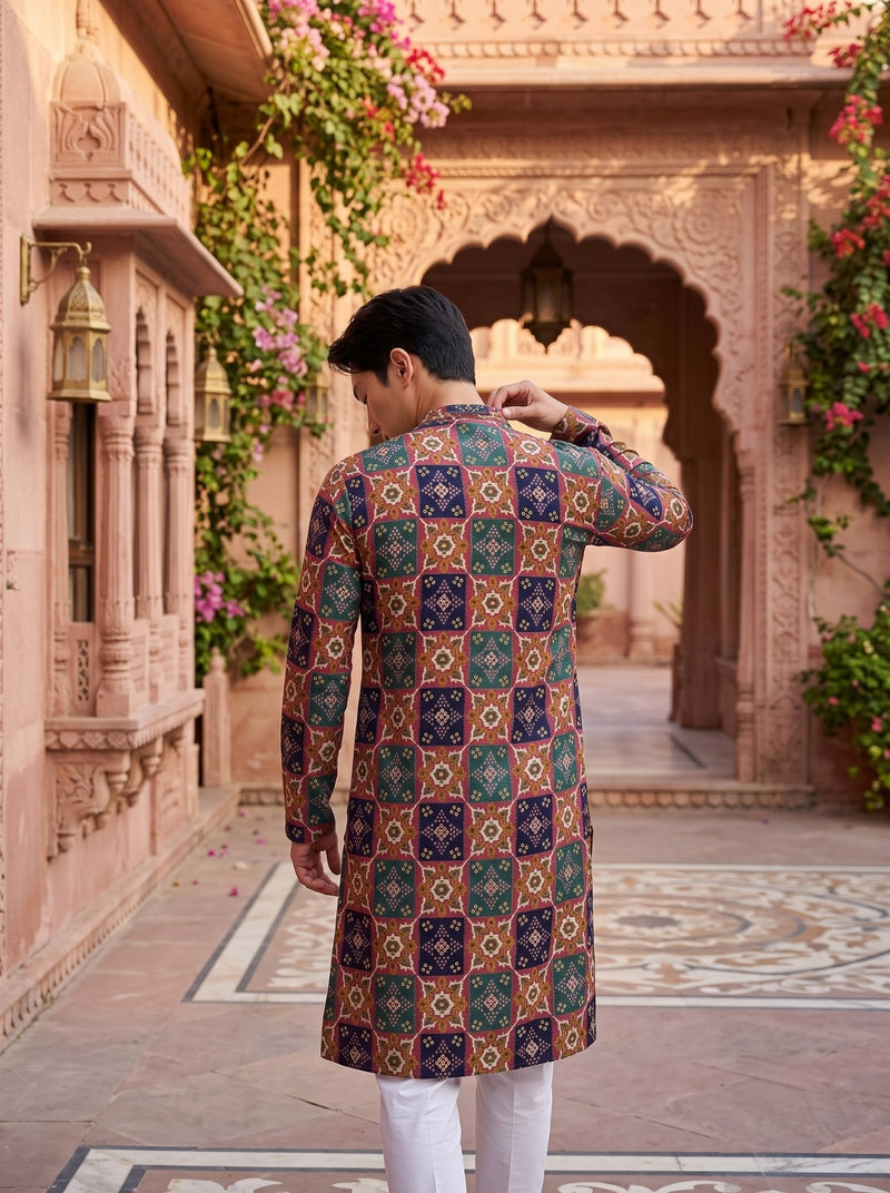 Men's Multicolour Geometric Printed Viscose Rayon Kurta 5