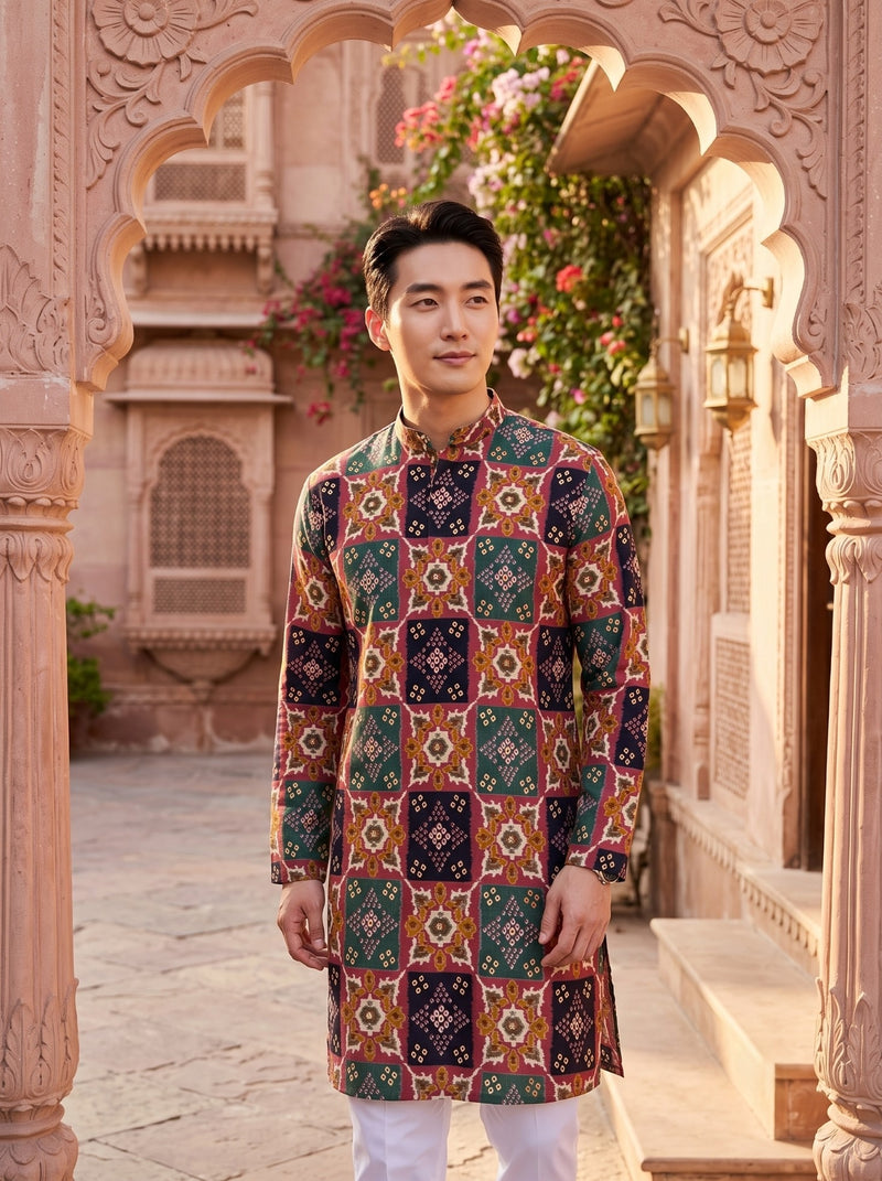 Men's Multicolour Geometric Printed Viscose Rayon Kurta 6