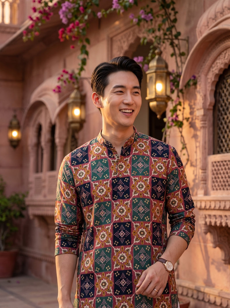 Men's Multicolour Geometric Printed Viscose Rayon Kurta 3
