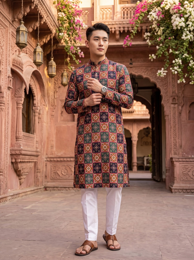 Men's Multicolour Geometric Printed Viscose Rayon Kurta 10