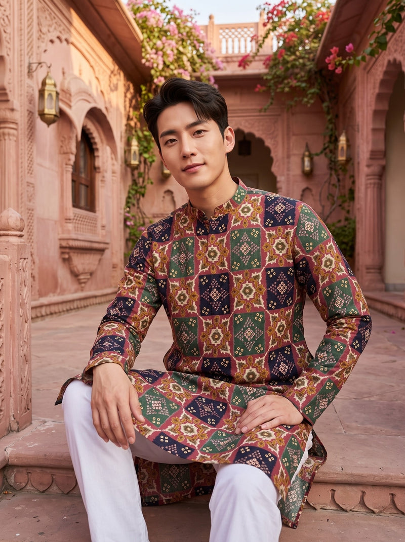 Men's Multicolour Geometric Printed Viscose Rayon Kurta 9