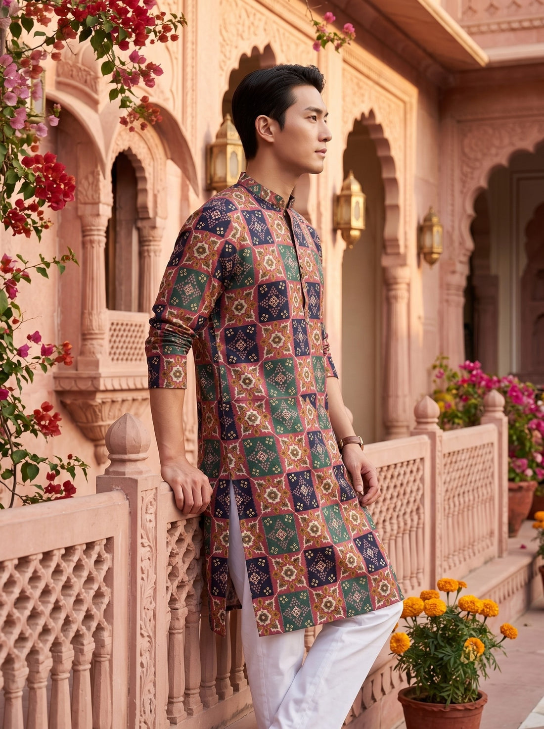 Side view of TryBuy TB_21150 multicolour geometric kurta showing its side slit and tiled ornamental print