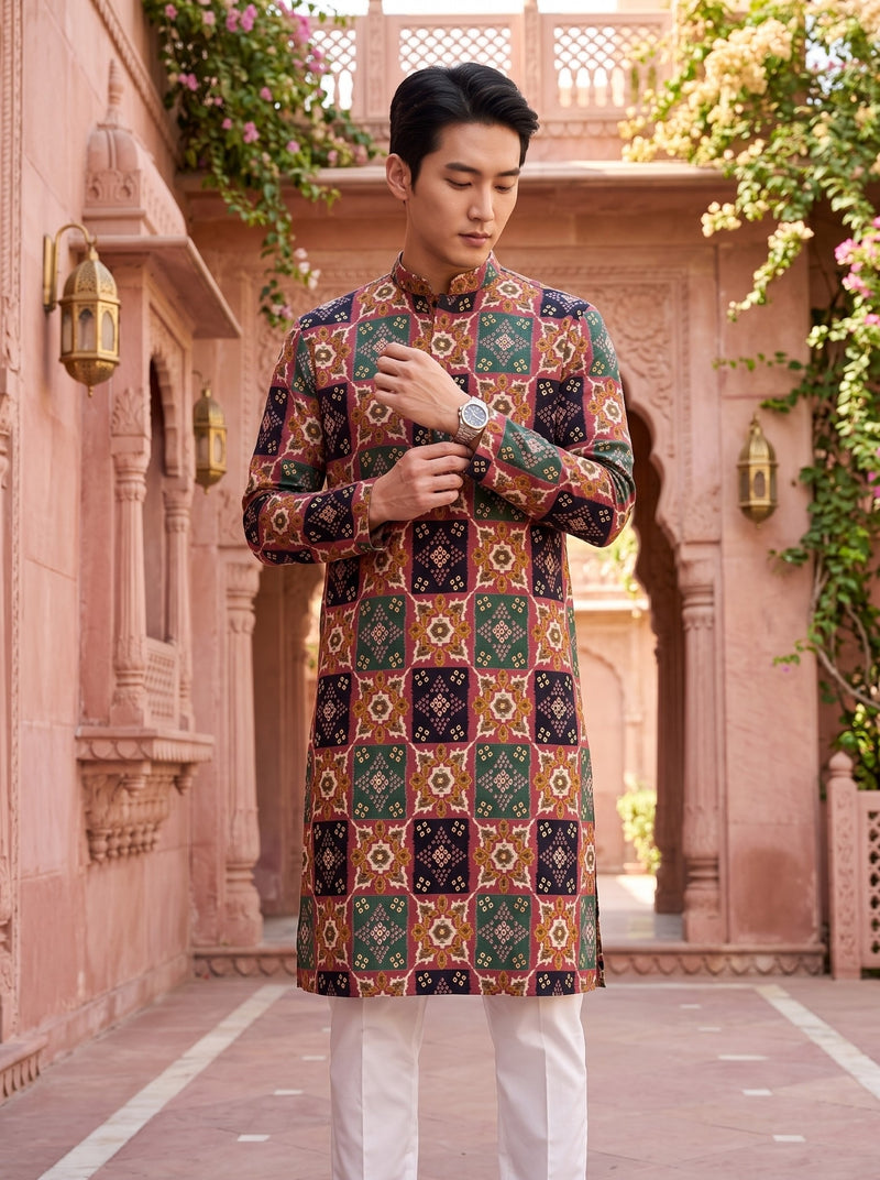 Men's Multicolour Geometric Printed Viscose Rayon Kurta 11