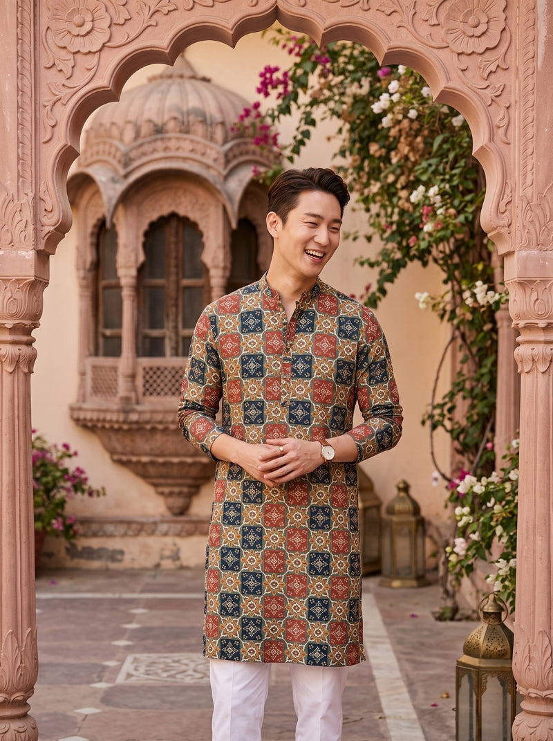 Men's Multicolour Tile Printed Viscose Rayon Kurta 6
