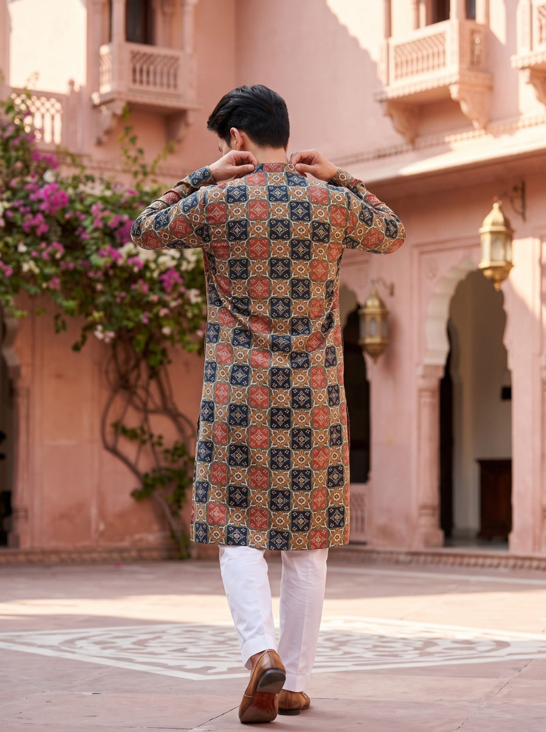 Back view of TryBuy TB_21151 kurta showing the repeating beige, navy, rust and olive geometric squares