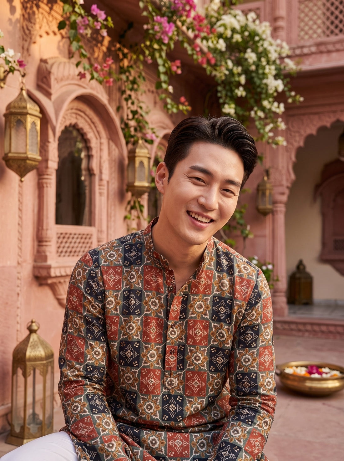 TryBuy TB_21151 kurta close-up showing the mandarin collar and compact ornamental tile print