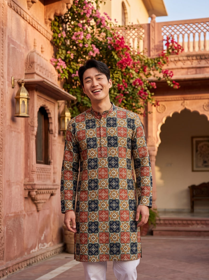 Men's Multicolour Tile Printed Viscose Rayon Kurta 3