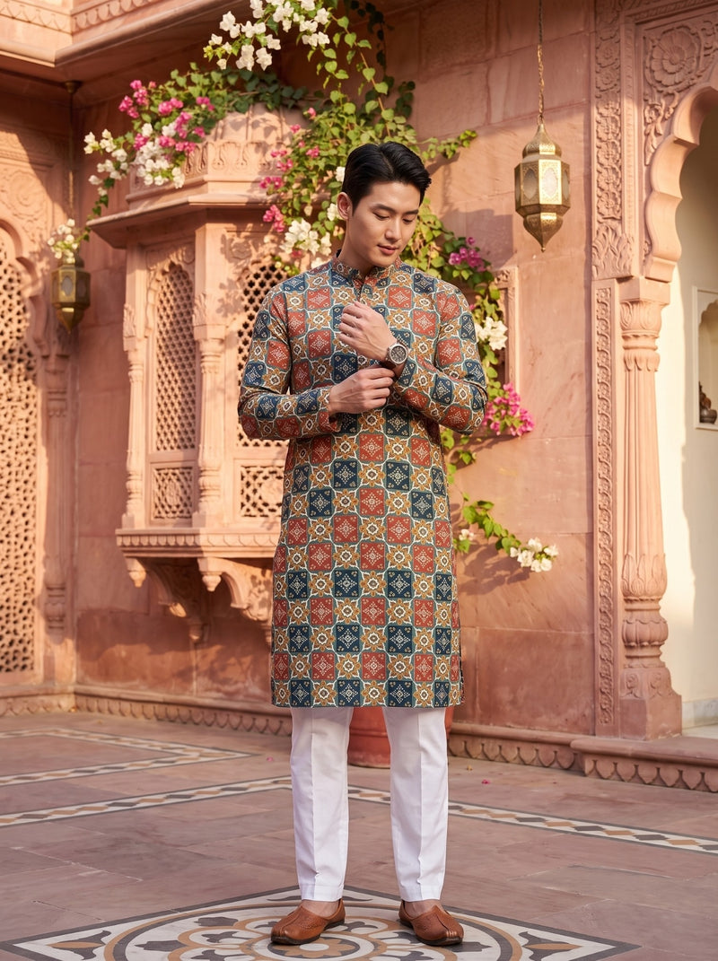 Men's Multicolour Tile Printed Viscose Rayon Kurta 10