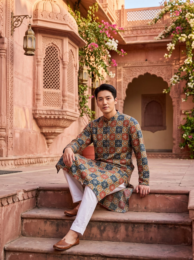 Men's Multicolour Tile Printed Viscose Rayon Kurta 9