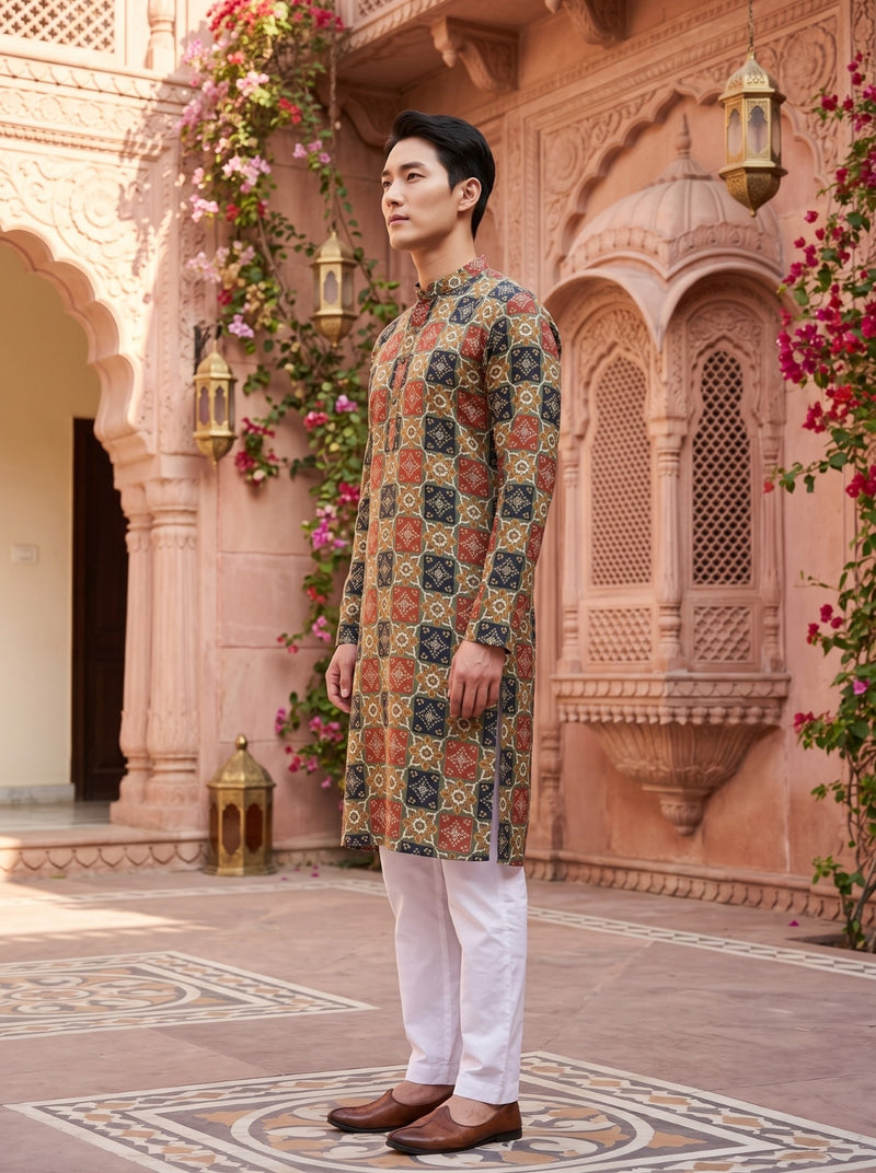 Men's Multicolour Tile Printed Viscose Rayon Kurta 7