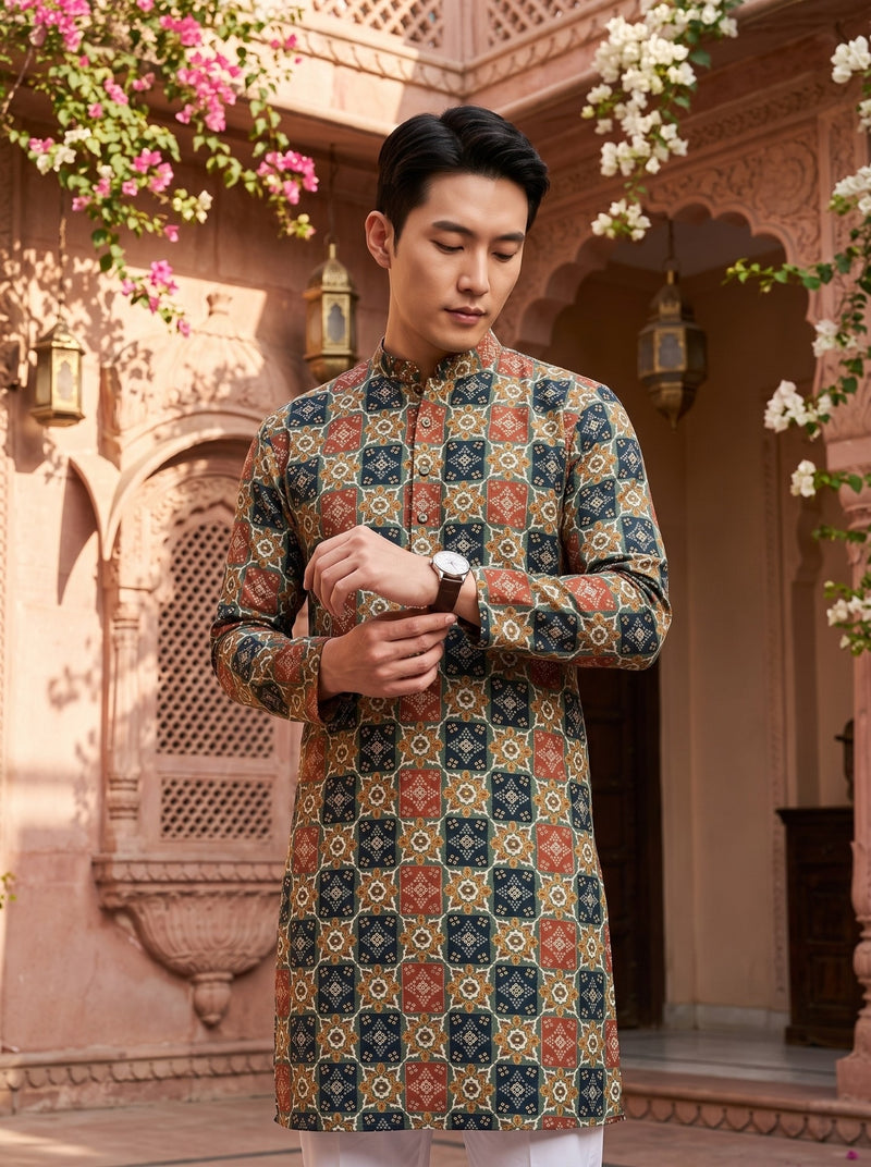 Men's Multicolour Tile Printed Viscose Rayon Kurta 11
