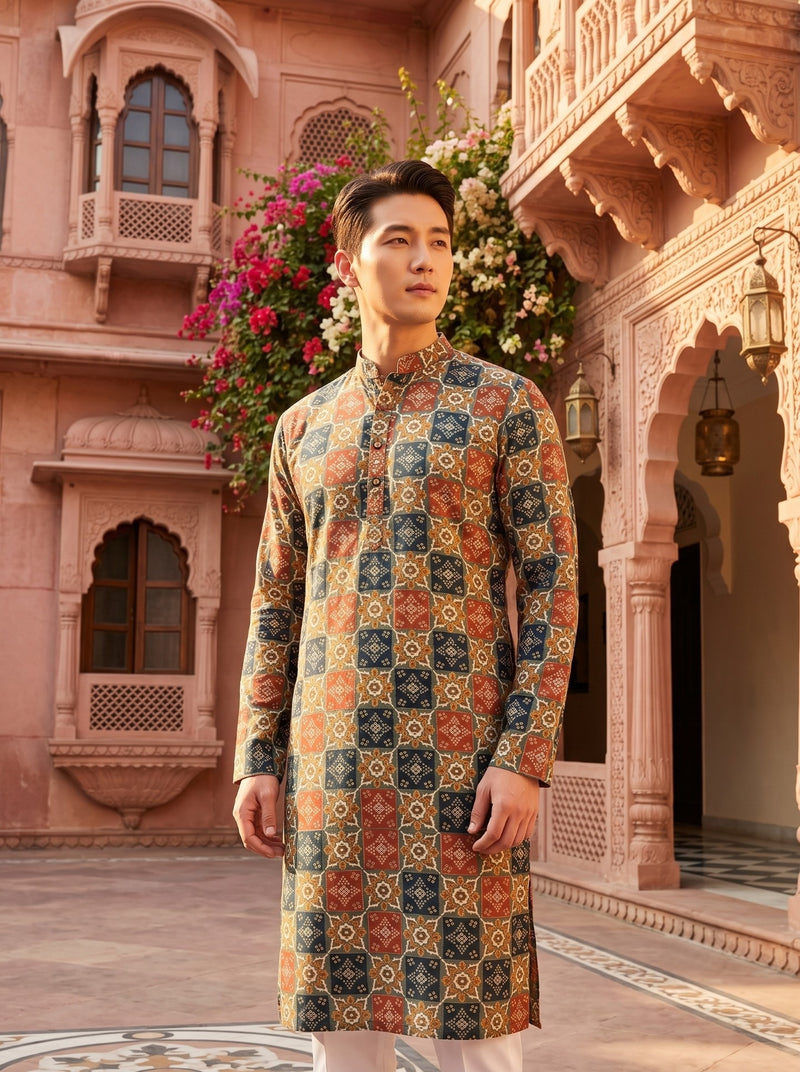 Men's Multicolour Tile Printed Viscose Rayon Kurta 8
