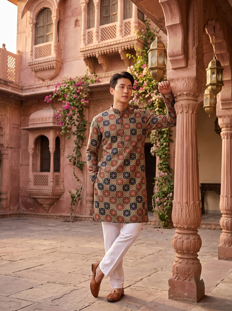 Men's Multicolour Tile Printed Viscose Rayon Kurta 4