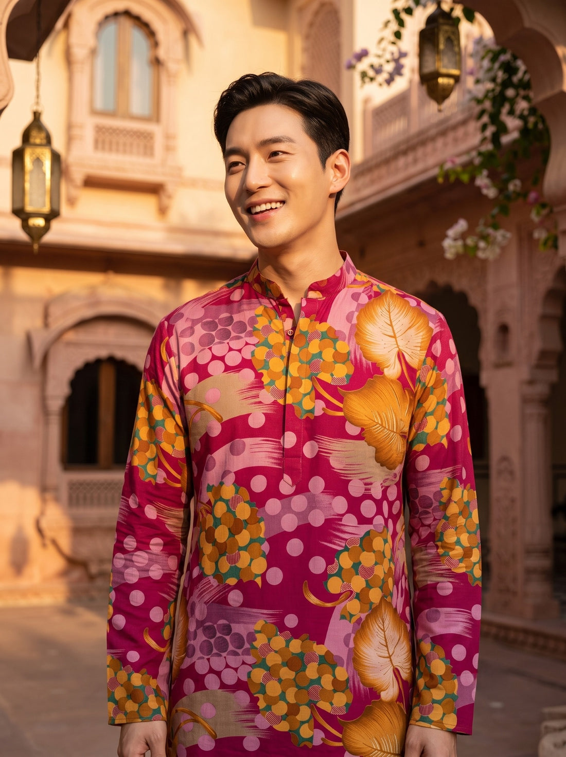Front portrait of TryBuy TB_21152 pink abstract botanical kurta showing its short button placket and full sleeves