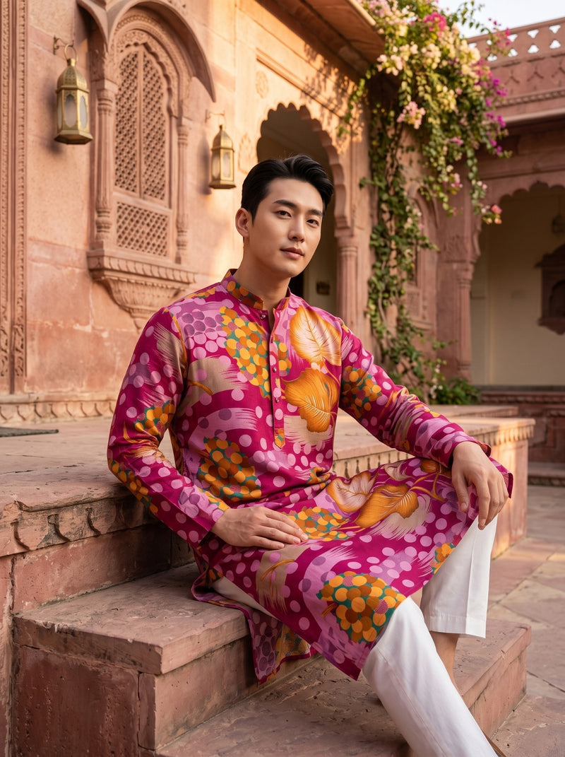 Men's Pink Abstract Botanical Printed Viscose Rayon Kurta 9