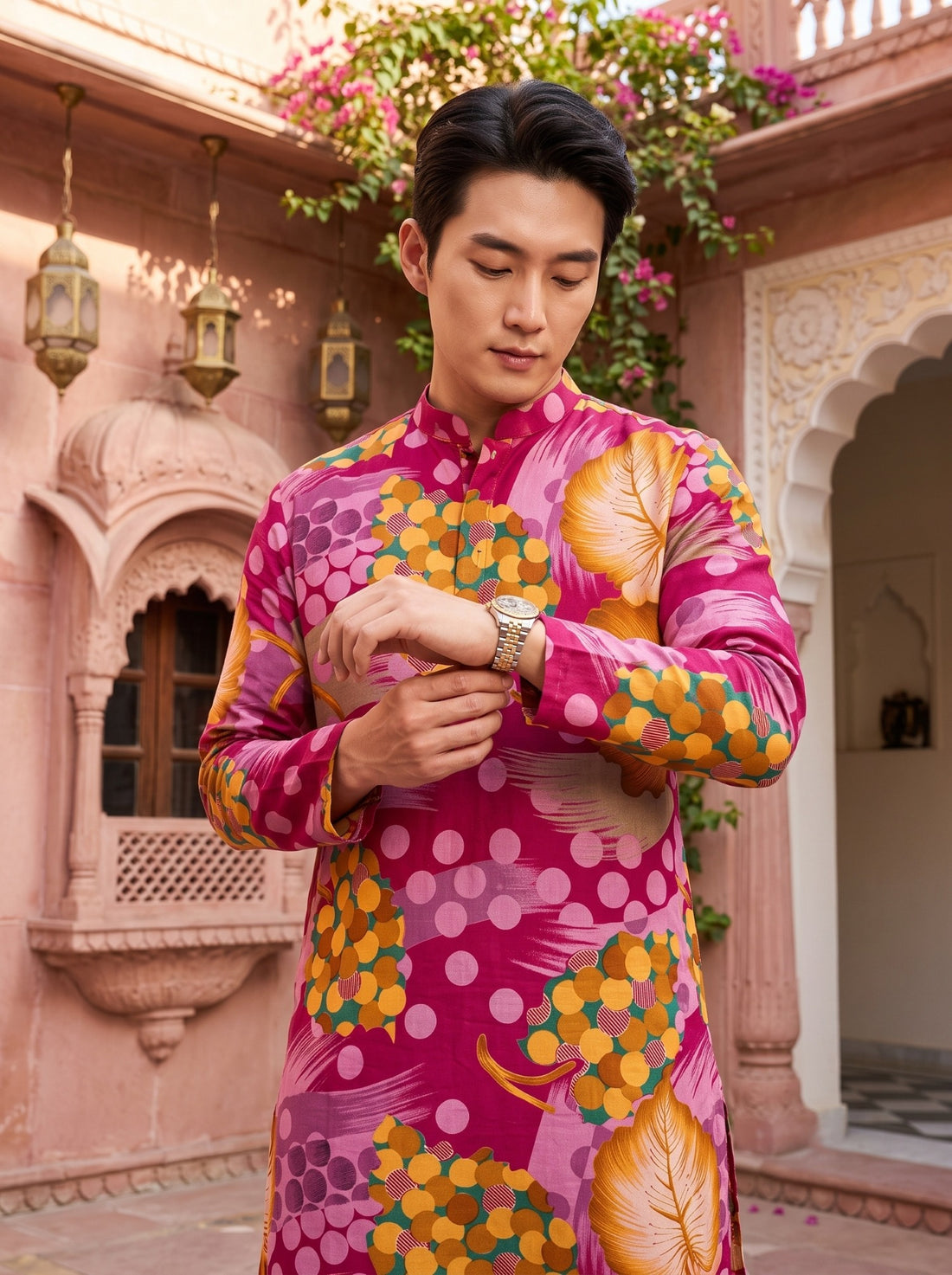 Front and sleeve detail of TryBuy TB_21152 pink botanical kurta showing multicolour dots and orange leaf-like motifs