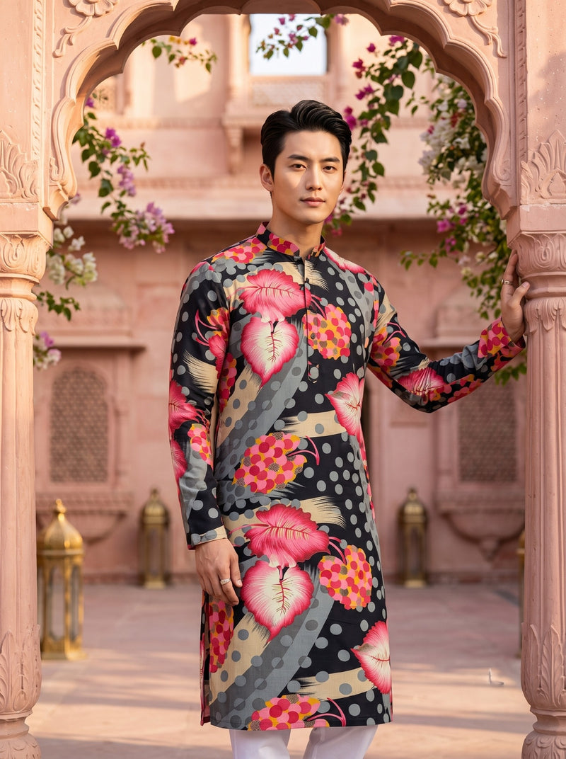 Men's Black Abstract Leaf Printed Viscose Rayon Kurta 6