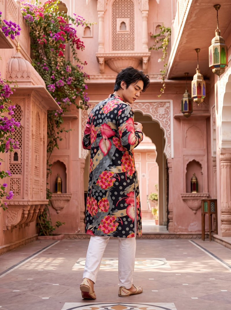 Men's Black Abstract Leaf Printed Viscose Rayon Kurta 5
