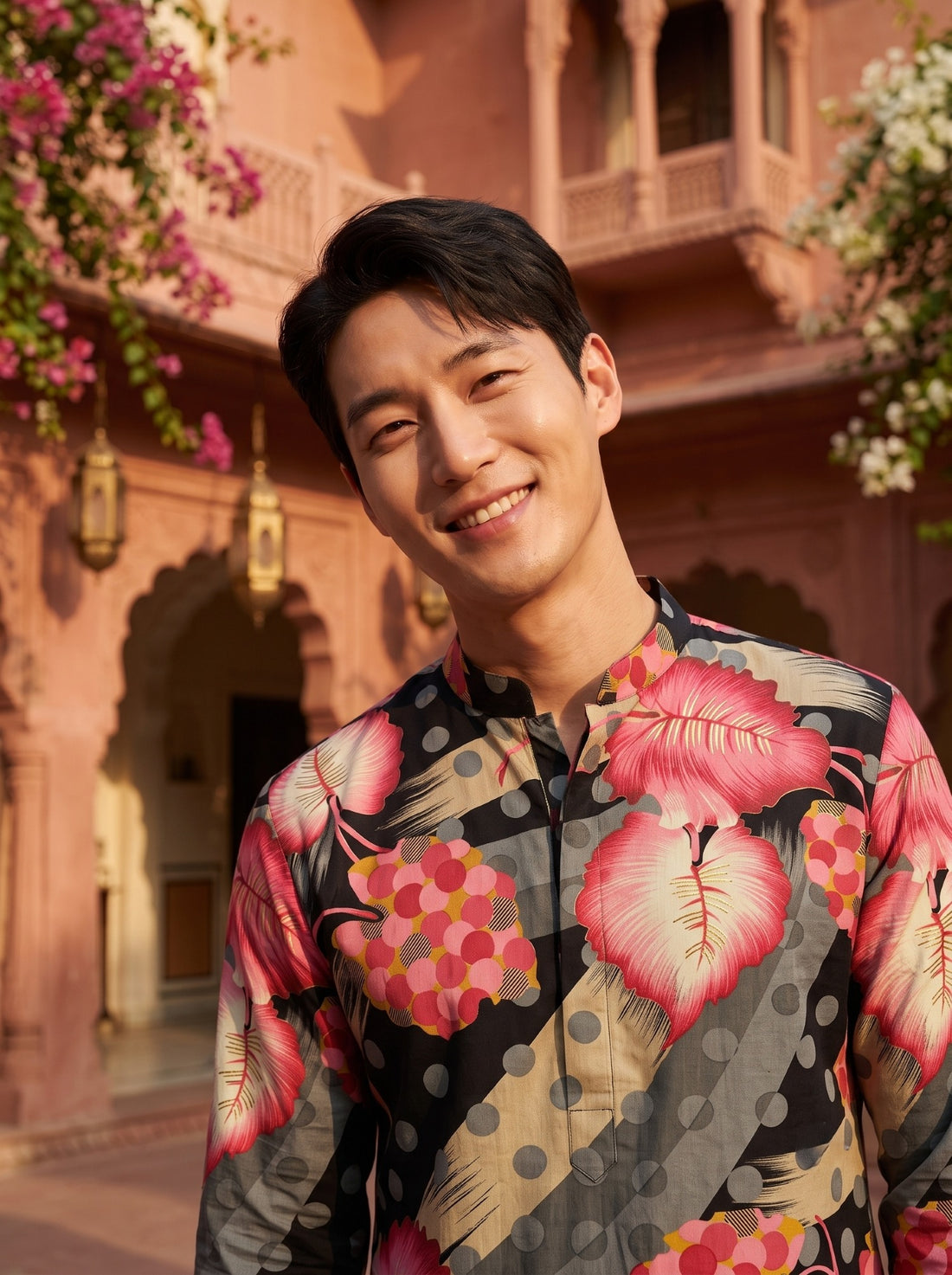 TryBuy TB_21153 kurta close-up showing the mandarin collar, short button placket and pink botanical print