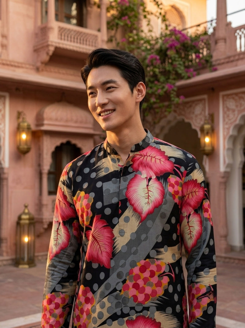 Men's Black Abstract Leaf Printed Viscose Rayon Kurta 3
