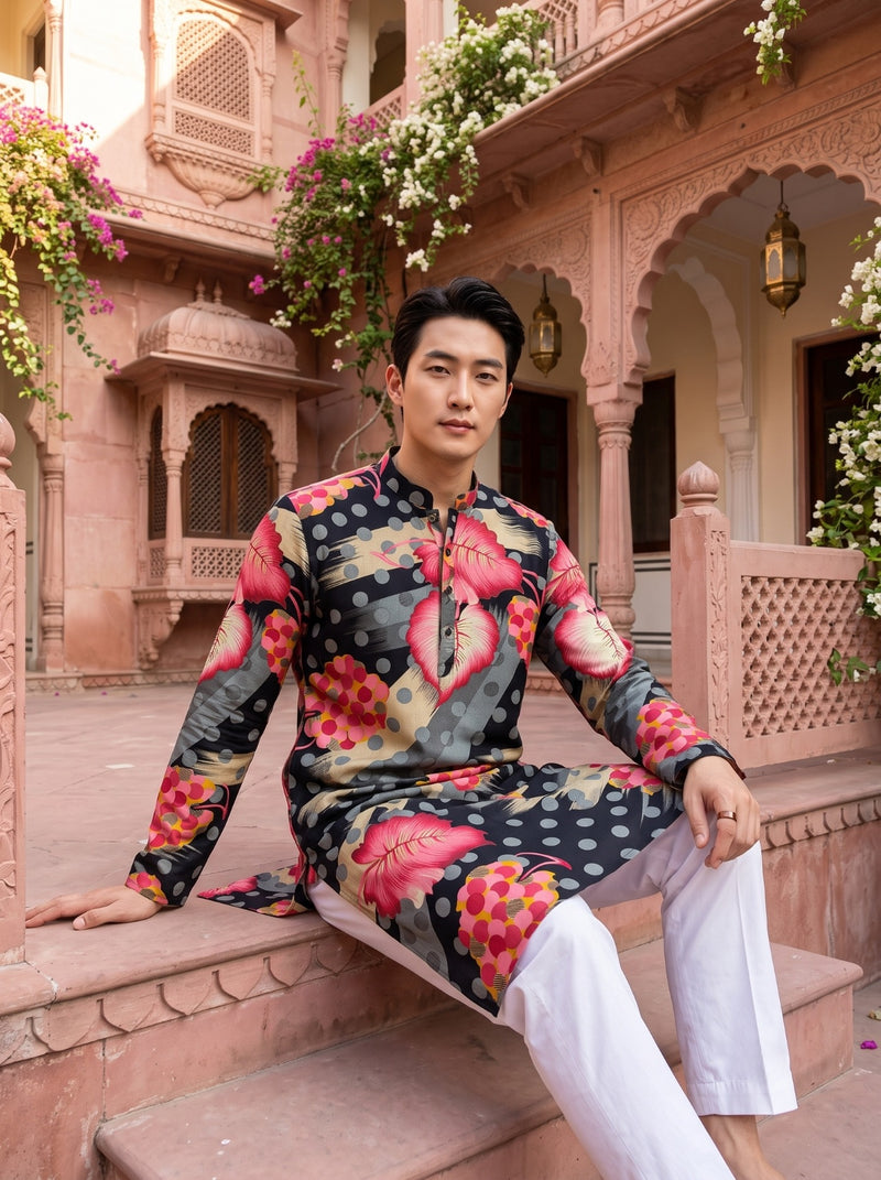 Men's Black Abstract Leaf Printed Viscose Rayon Kurta 9