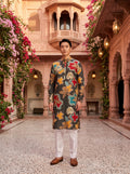 Men's Charcoal Abstract Floral Printed Viscose Rayon Kurta