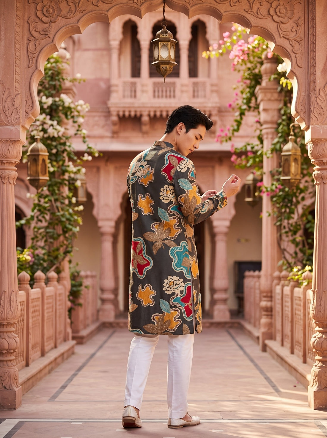TryBuy TB_21154 men's charcoal abstract floral kurta, back angle showing the all-over abstract floral pattern