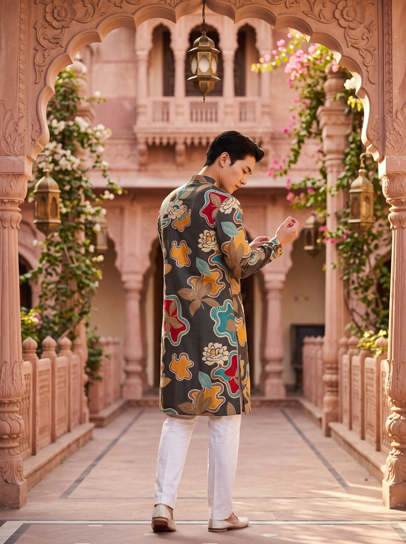 Men's Charcoal Abstract Floral Printed Viscose Rayon Kurta 4