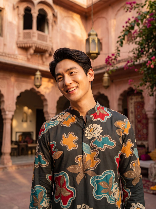 TryBuy TB_21154 men's charcoal abstract floral kurta, close-up showing the mandarin collar and multicolour floral print