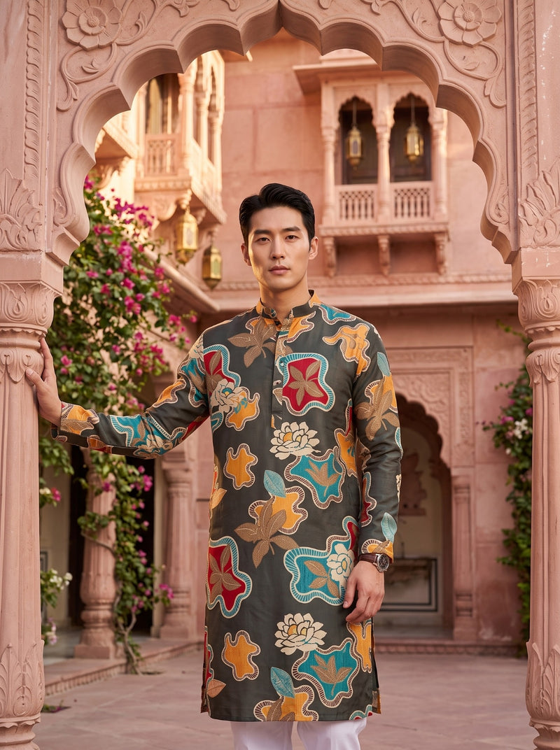 Men's Charcoal Abstract Floral Printed Viscose Rayon Kurta 7
