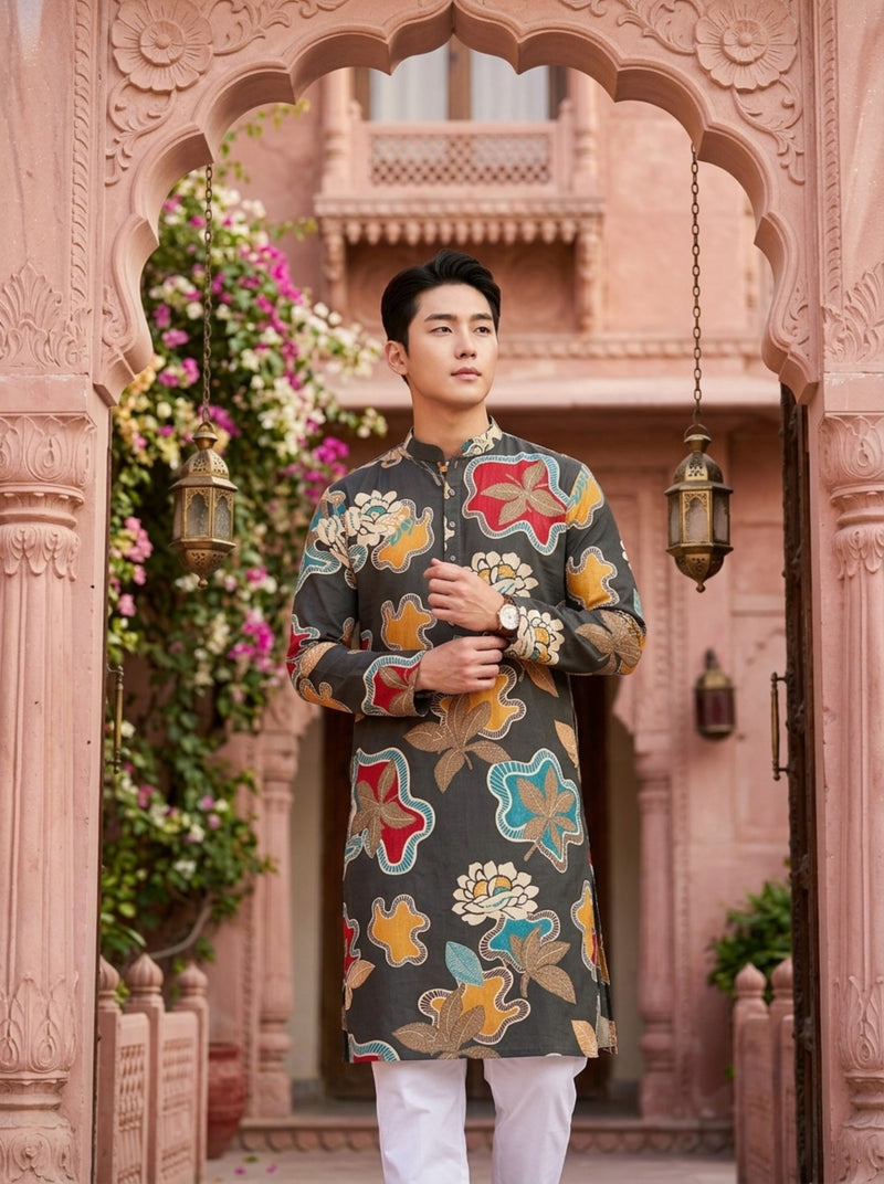 Men's Charcoal Abstract Floral Printed Viscose Rayon Kurta 8