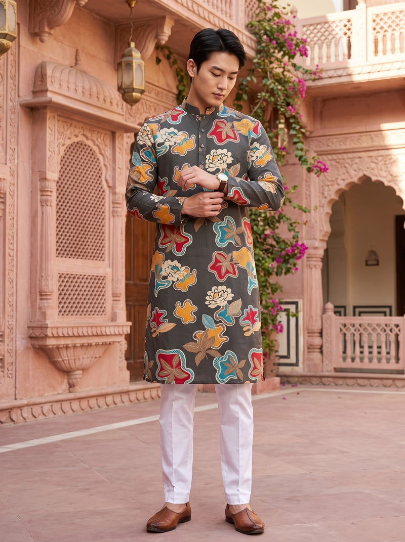 Men's Charcoal Abstract Floral Printed Viscose Rayon Kurta 10