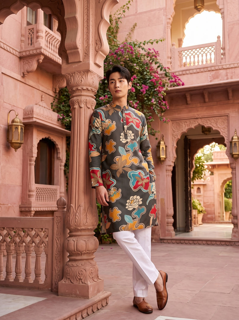 Men's Charcoal Abstract Floral Printed Viscose Rayon Kurta 6