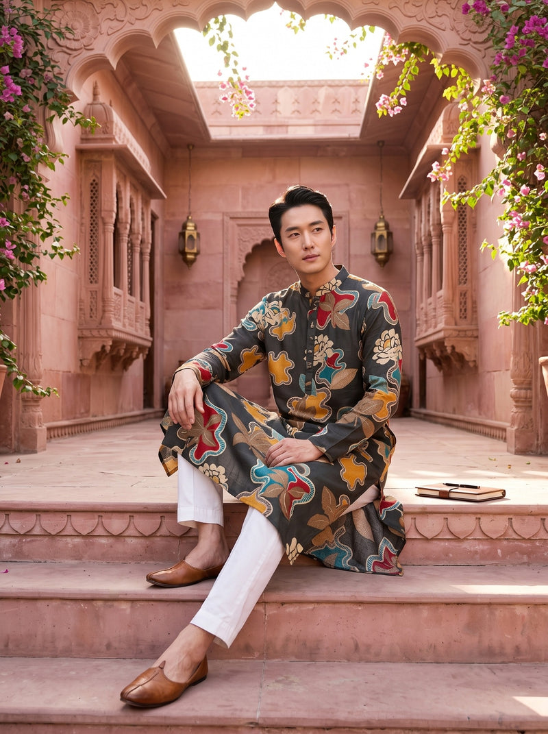 Men's Charcoal Abstract Floral Printed Viscose Rayon Kurta 9