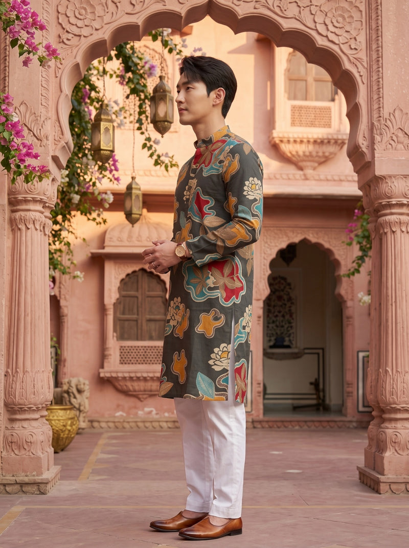Men's Charcoal Abstract Floral Printed Viscose Rayon Kurta 5