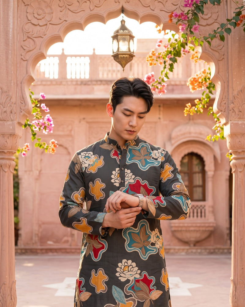Men's Charcoal Abstract Floral Printed Viscose Rayon Kurta 11