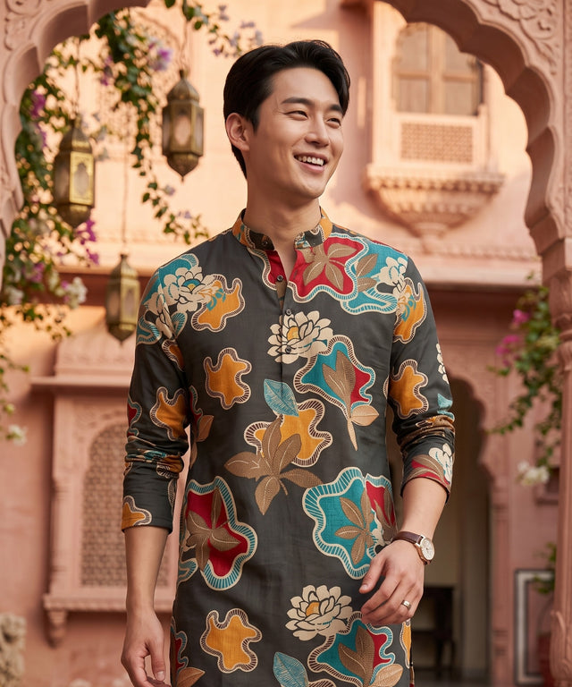 TryBuy TB_21154 men's charcoal abstract floral kurta, three-quarter front view of the charcoal printed kurta