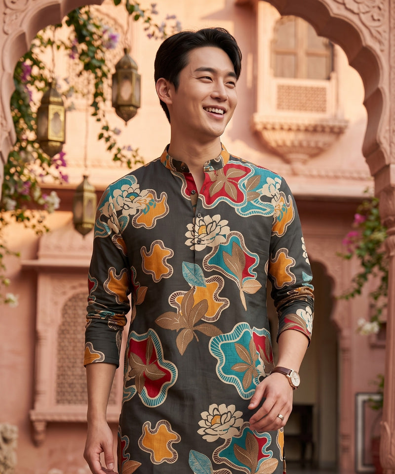 Men's Charcoal Abstract Floral Printed Viscose Rayon Kurta 3
