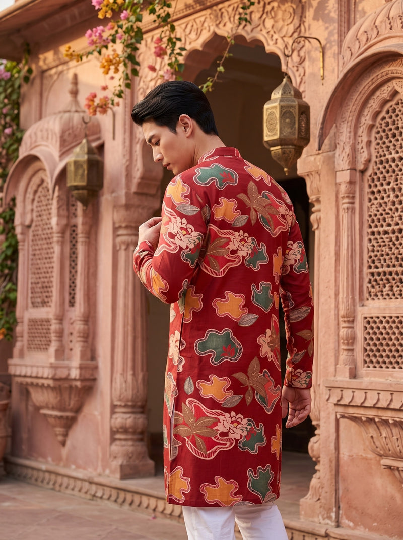 Men's Red Abstract Floral Printed Viscose Rayon Kurta 5