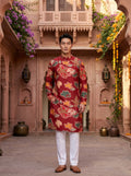 Men's Red Abstract Floral Printed Viscose Rayon Kurta