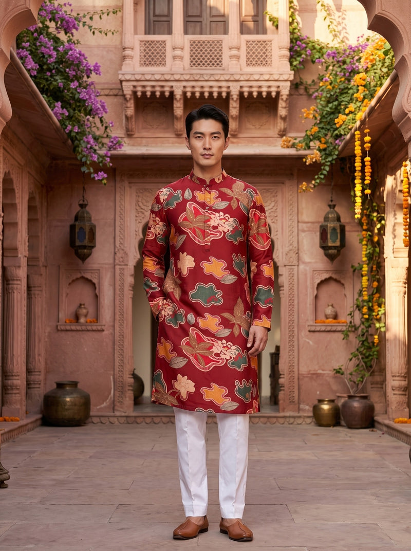 Men's Red Abstract Floral Printed Viscose Rayon Kurta 1