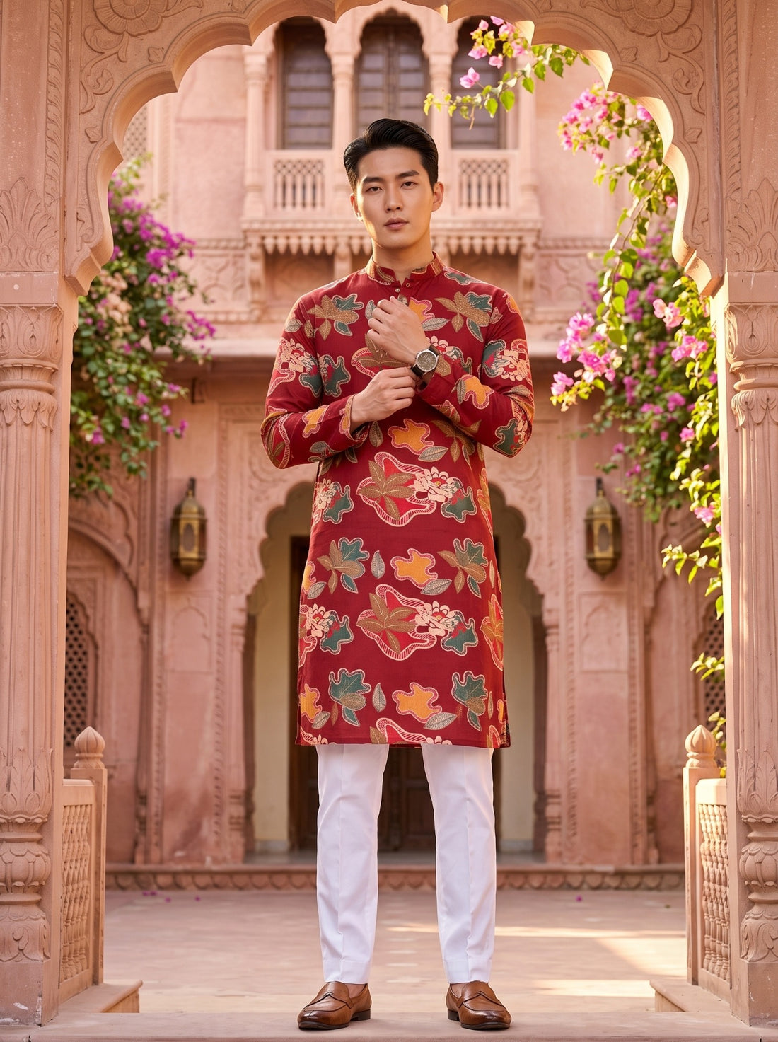 Full-length lifestyle view of TB_21155 red floral printed kurta paired with white trousers
