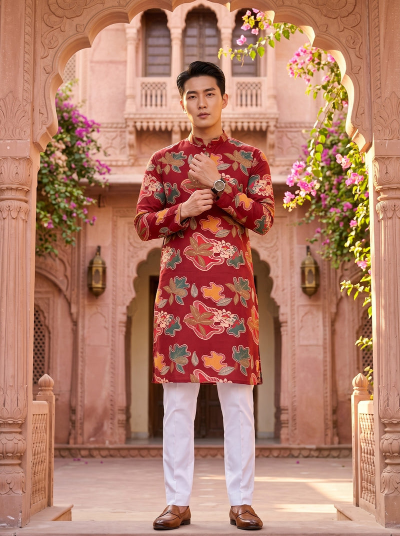 Men's Red Abstract Floral Printed Viscose Rayon Kurta 10