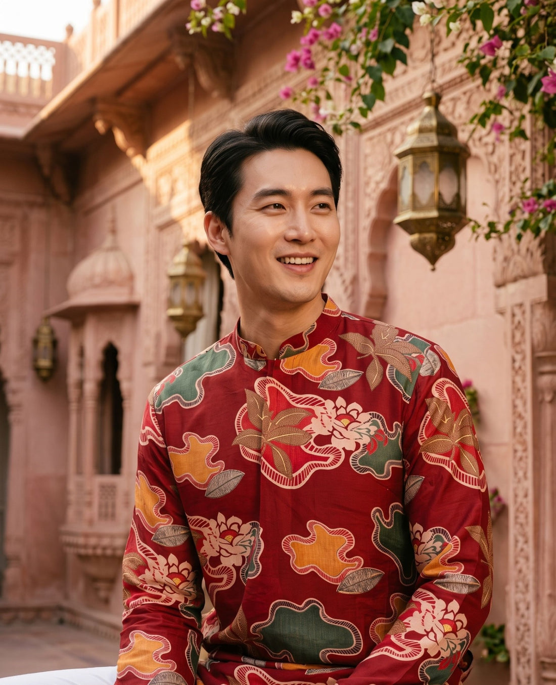 Close-up of TB_21155 red abstract floral viscose rayon kurta showing the mandarin collar and multicolour botanical motifs