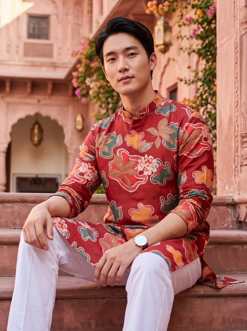 Men's Red Abstract Floral Printed Viscose Rayon Kurta 9